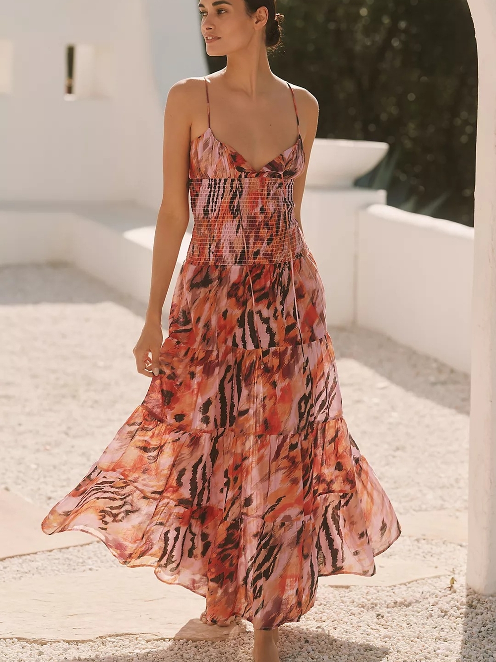 Smocked Bodice Spaghetti-Strap Maxi Dress in Pink-Orange Print